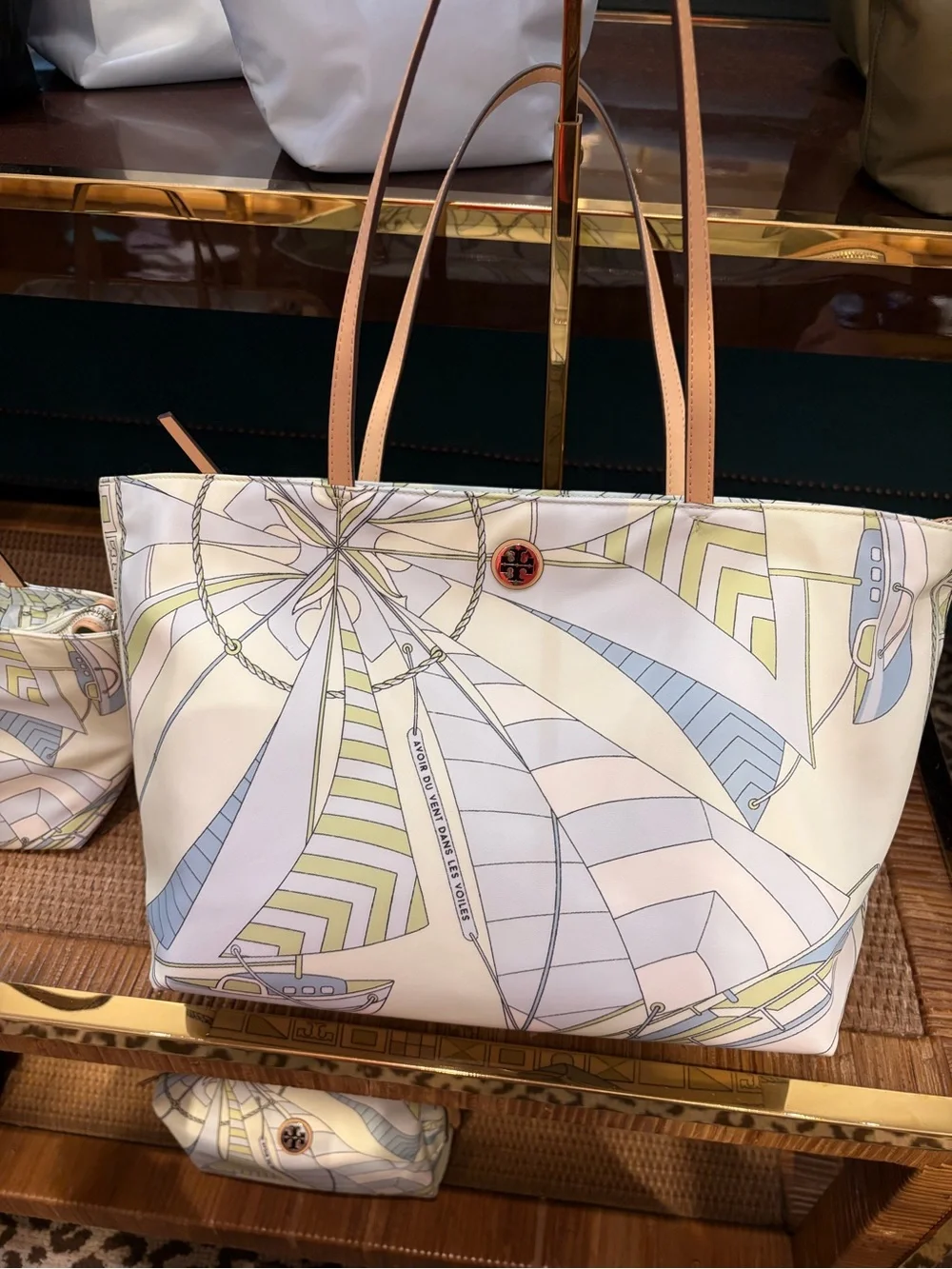 Tory Burch mint sailboat spiral Tote nylon tote bag zip closure logo small size